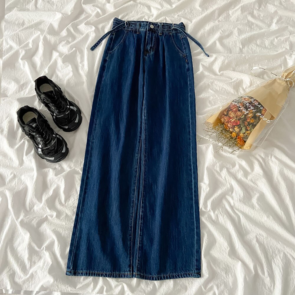 Dark Blue High Waist Women Denim Pants Korean Style Loose Casual Straight Mopping Pants Spring Autumn Retro Blue Jea